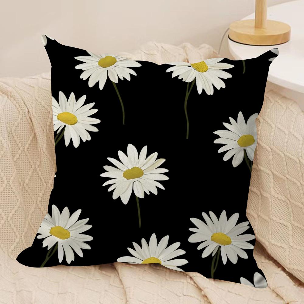 Classic Black Daisy Cushion Cover Short Plush Doublesided Print Square Throw Pillow Covers Sofa Home Cushion Decor