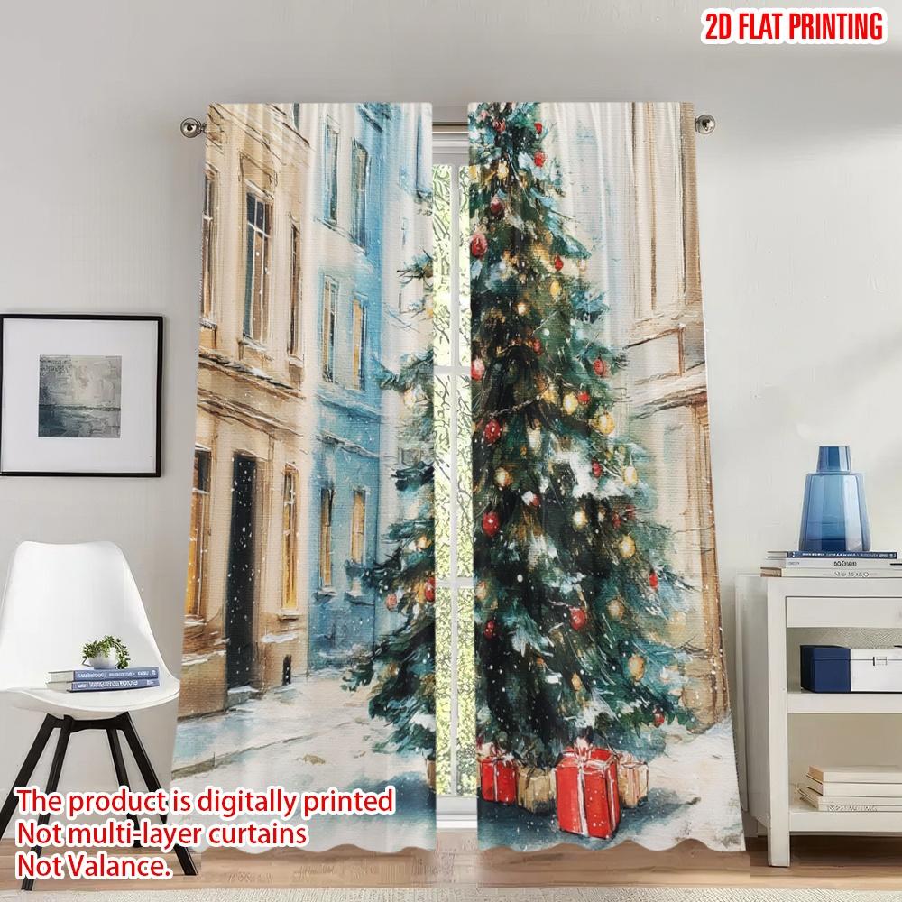 

Set Of 2 Classic Flat Printing Christmas Curtains Cozy Tree Scene Digital Printed Polyester Drapes Family Party Use Curtain Made W100*H70(CM)-Grommet top&2PCS