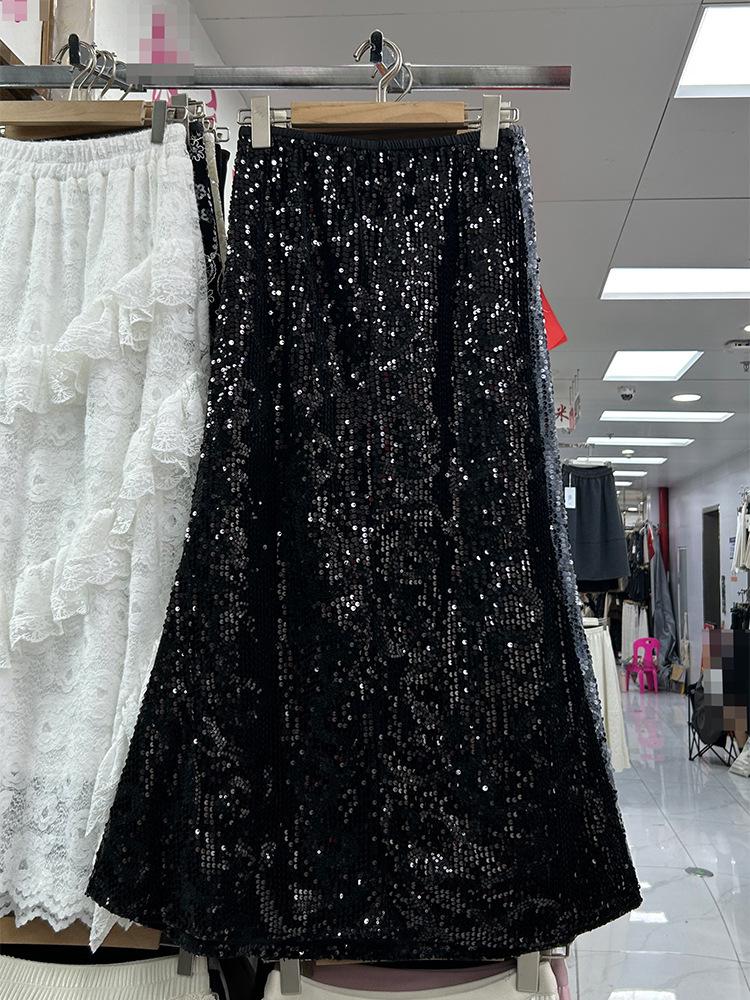Elegant Coffee Sequin Mermaid Midi Skirt for Women - 2025 Autumn/Winter Collection
