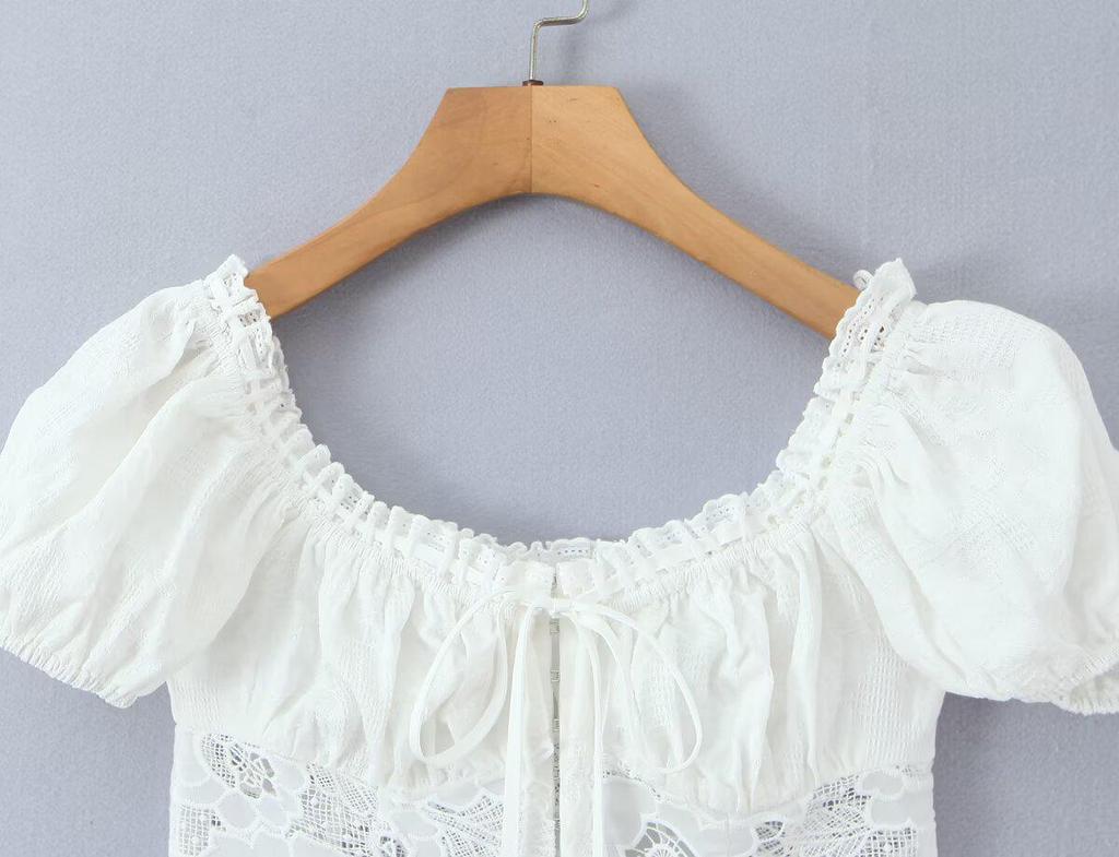 Europäischer Stil Damen Weiß Kurzarm Schnürung Baumwolle Oberteil - Frühjahr 2026 Kollektion