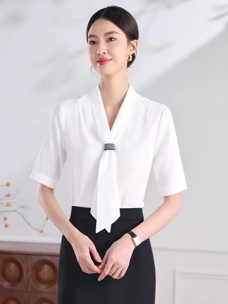Women's Summer V-Neck Short Sleeve Professional Blouse
