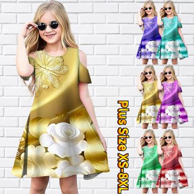 Filles Floral Belles Fleurs Imprimer Robes Enfants Fille Fête Hors Épaule Robe Princesse Robe À Manches Courtes Robe Pour Fille de plus de 4 ans