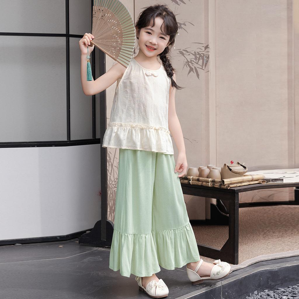Girls' Summer Outfit Set - Thin Design Vest Top & Wide Leg Pants Skirt