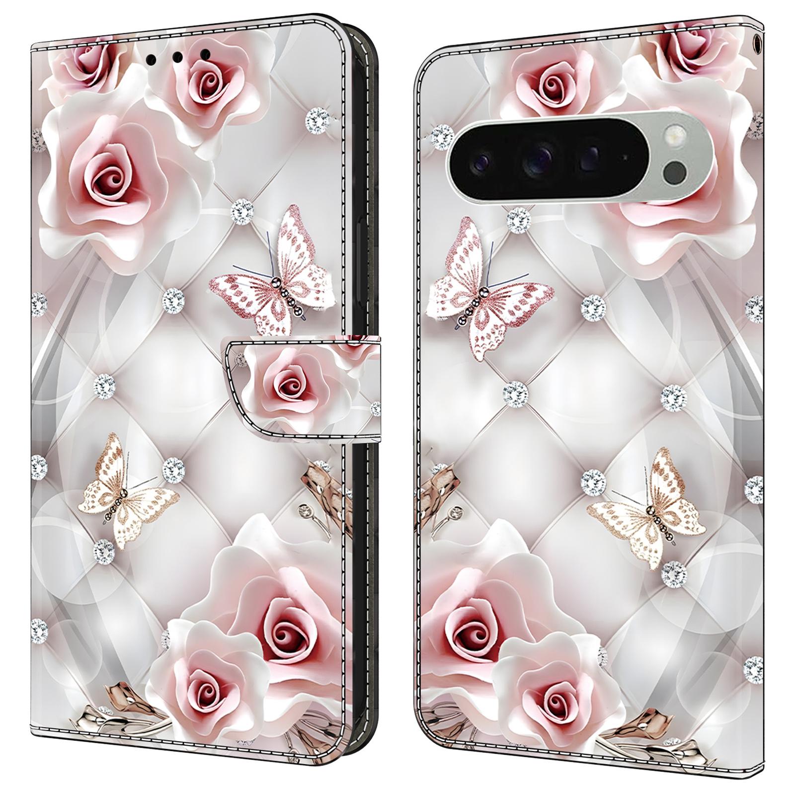 

For Google Pixel 9 Pro XL Leather Case Pattern Printing Wallet Stand Anti Drop Phone Cover Pink Butterfly
