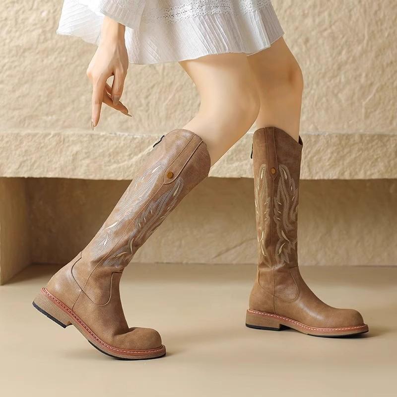 Вышитые ковбойские сапоги в западном стиле Женские Осень/Зима Новая коллекция Задние сапоги Ретро рыцарские сапоги 40