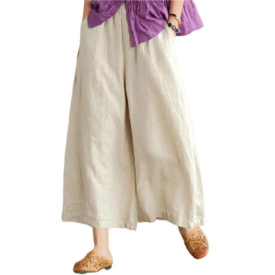 

Women Summer Spring Pants Wide Leg Oversized Straight Solid Color Elastic Waist Match Top Pockets Deep Crotch Lady Ninth Pants Lady Garment 3XL бежевый