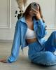 Casual European and American Women's Fashion Striped Suit Long-sleeved Zipper Lapel Cardigan Elastic Wide-leg Pants Two-piece Set