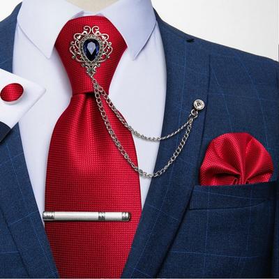 Mens Wedding Tie Solid 8.5cm Silk Necktie Hanky Cufflinks Set with Tie Clip/ Tie-Ring/ Chain Brooch