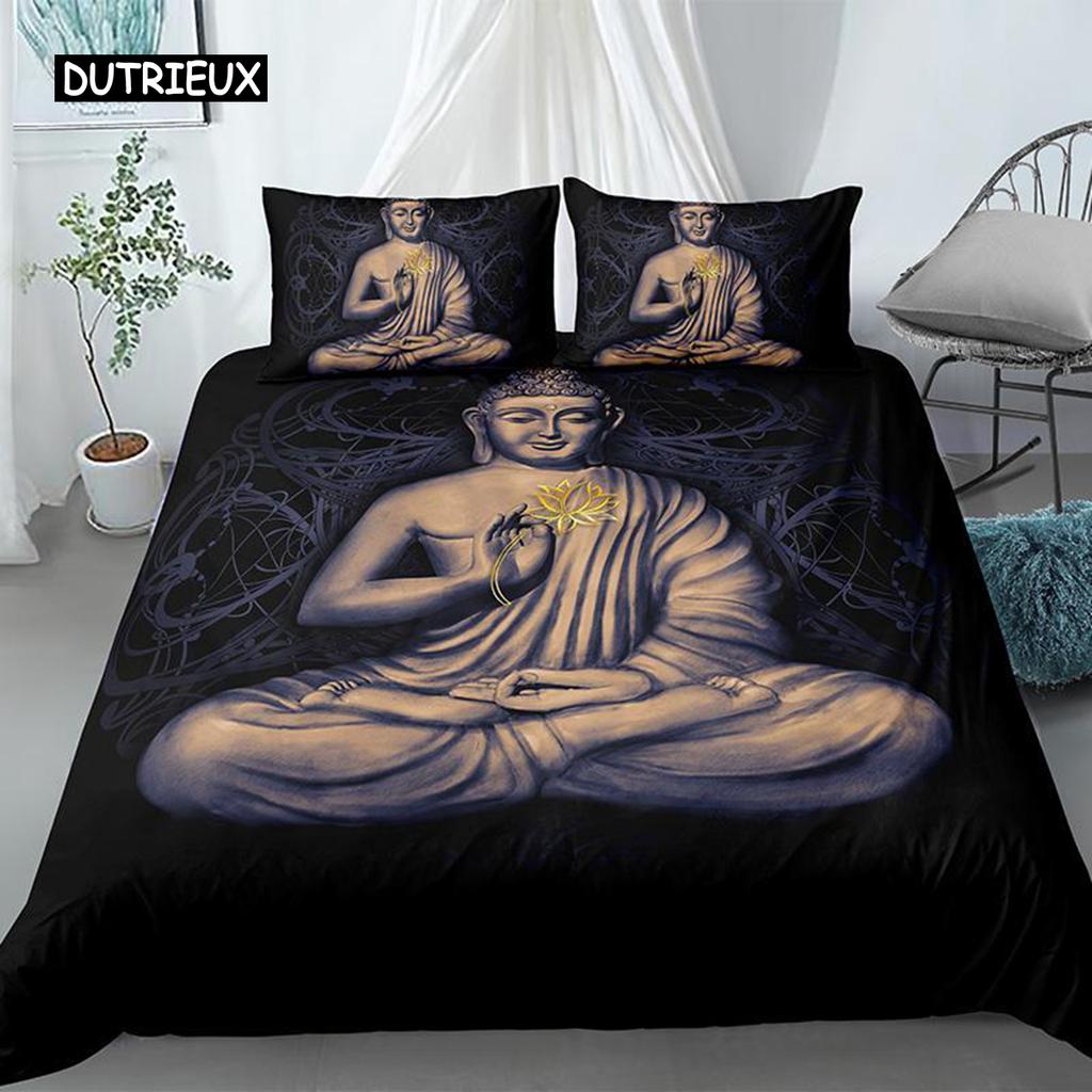 Mandala Buddha Bettbezug-Set, Böhmisches Bettwäsche-Set Goldener Schwarzer Lotusblumen-Druck Luxuriöser Mikrofaser-Polyester-Bettdeckenbezug