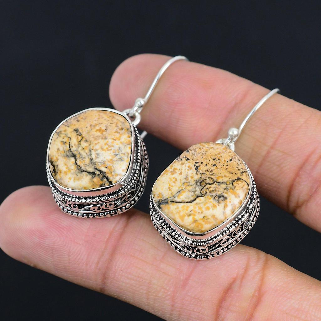 Daughters Day Sale Picture Jasper Stone Dangling New Earrings Jewelry 925 Silver
