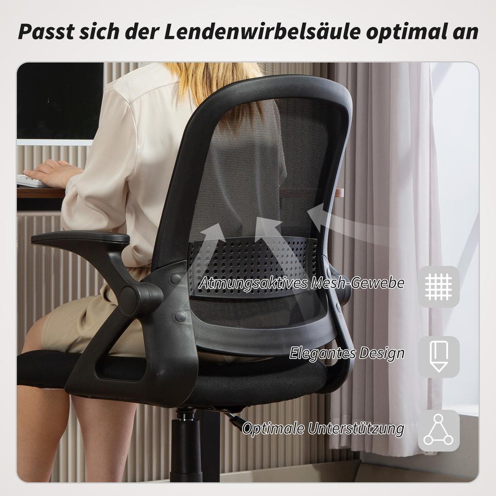 Breathable Mesh Office Chair, Ergonomic Swivel Chair with Folding Armrests and Lumbar Support, Black