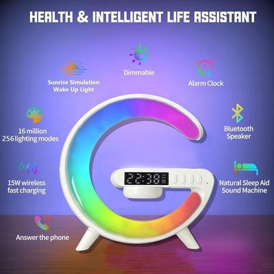 Wireless Speaker Charger Upgraded, 15W Wireless Charging Station, G Shaped 4 In 1 Table Lamp Alarm Clock & Bluetooth Speaker