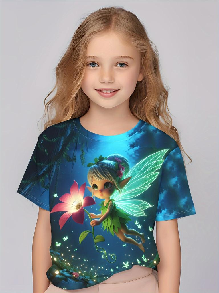 Children's Clothing Girl Cute 3D Printed Short Sleeved T-shirt Comfortable Round Neck Casual Top