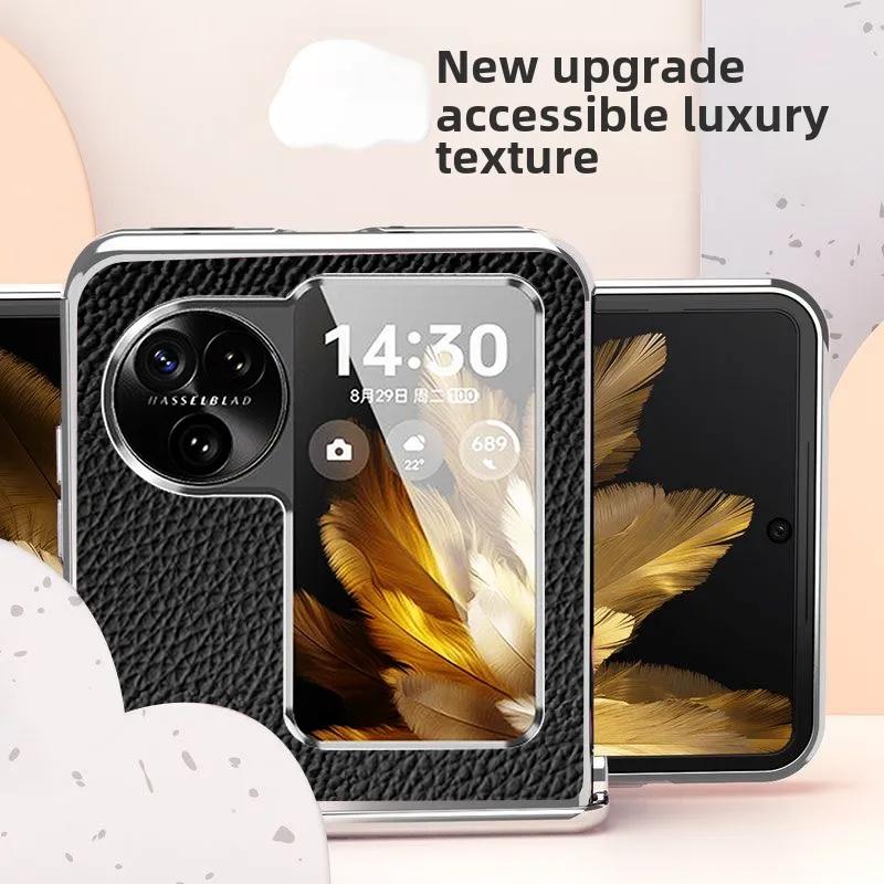 Carcasă de telefon din piele PU cu model litchi cu ramă galvanizată aurie și argintie pentru pentru OPPO Find N2 N3 Flip Husă de protecție pentru balamaua telefonului