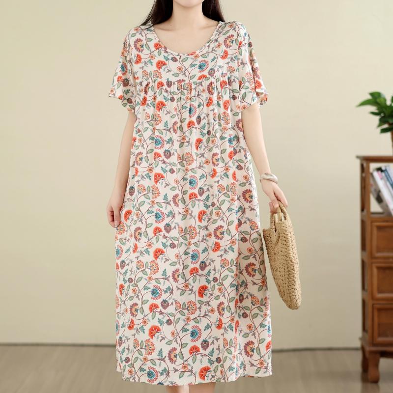DIMANAF New 2026 Summer Beach Women Plus Size Lady Long Dress Loose Oversize Cotton Vintage Floral Print