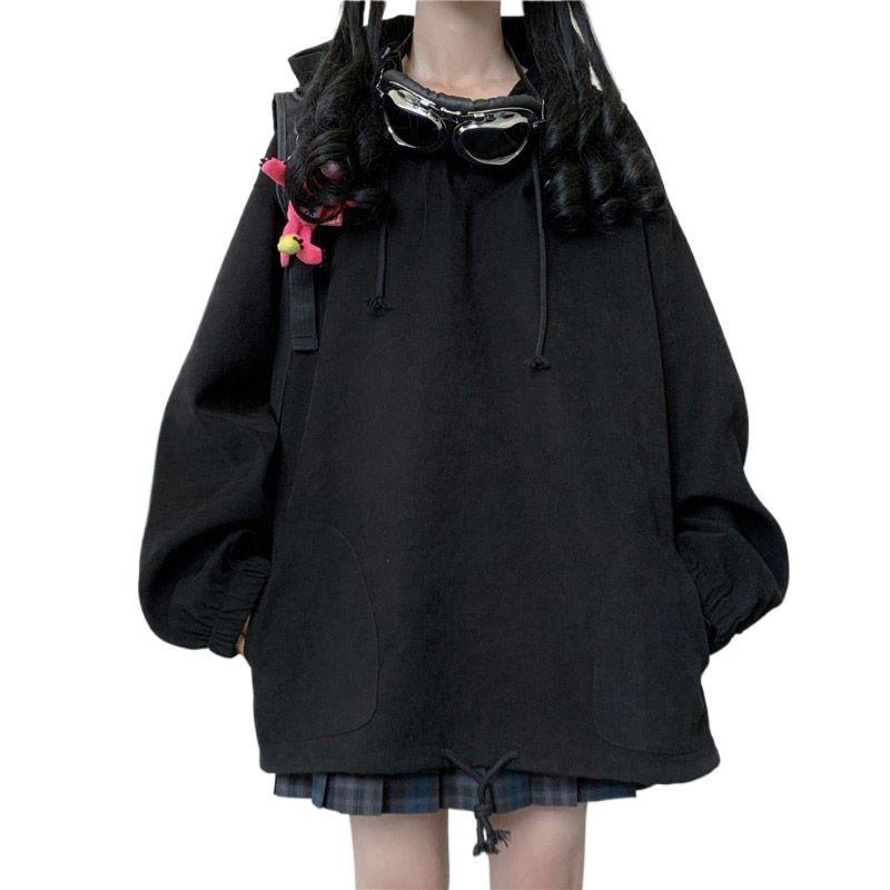 Women's Fleece-Lined Hooded Jacket: Loose Fit, Versatile Long-Sleeve Sweatshirt for 2024 Autumn/Winter, Japanese Student Style, Warm Top