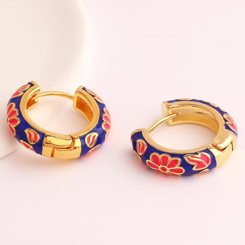 Vintage Enamel Flower Chunky Hoop Earrings For Women Retro Metal Geometric Circle Small Statement Earrings Party Jewelry Gift