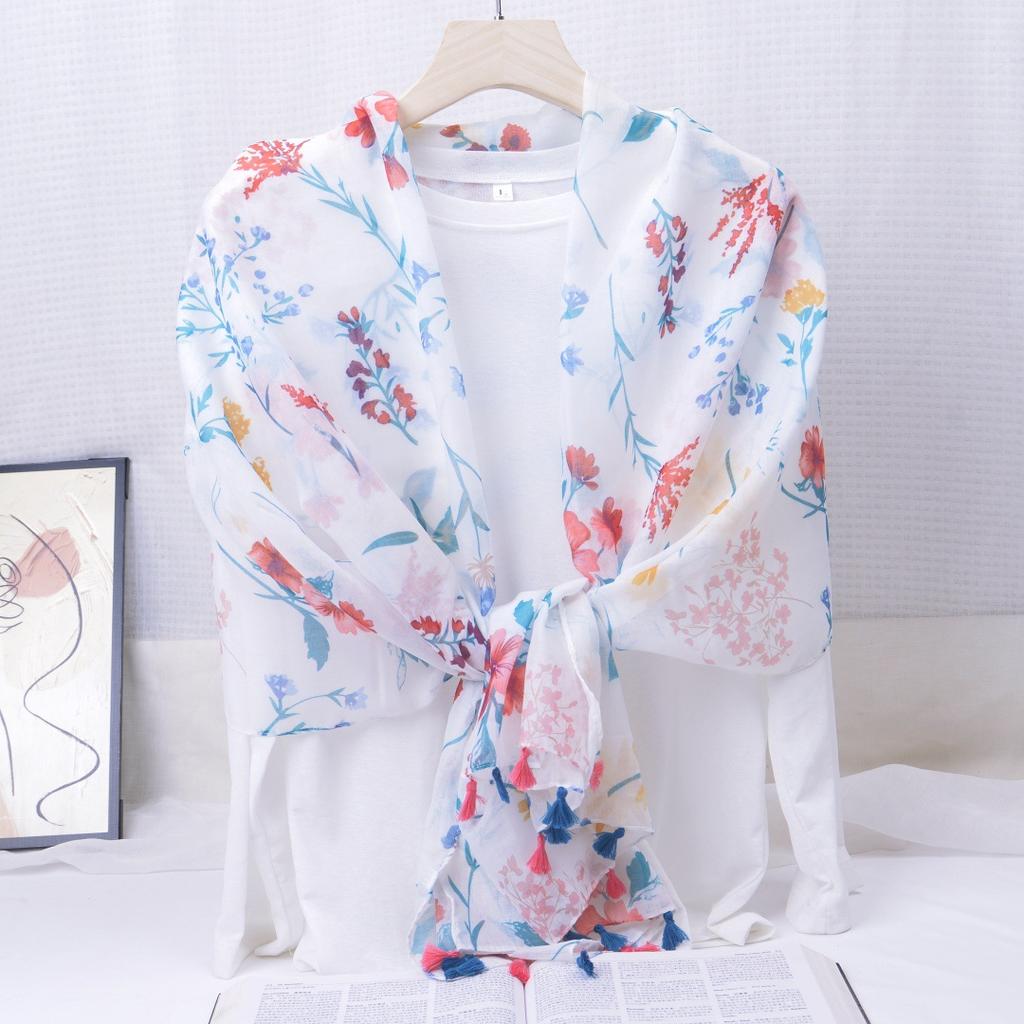 Ethnic Style Blue and White Porcelain Cotton and Linen Scarf, Women's Artistic Shawl, Travel Sunscreen Scarf, Office Shawl