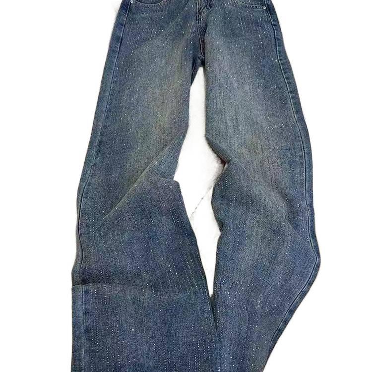 Women's High Waist Velvet Denim Pants with Starburst Drill Design - Loose, Wide-Leg, Floor-Length