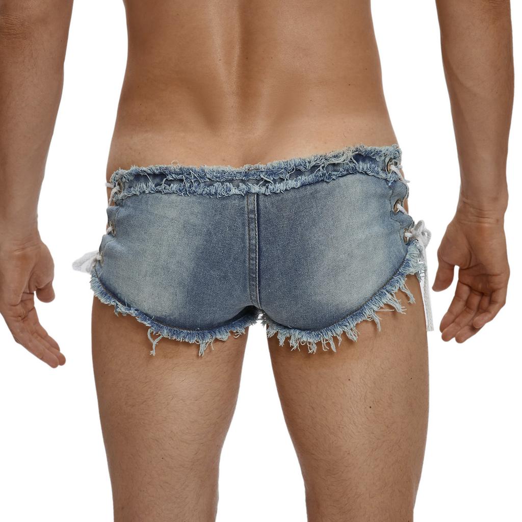 Men’s Low Rise Extra Short Denim Shorts Raw Edge Ripped Side Lace Up Hot Pants for Rave Clubbing