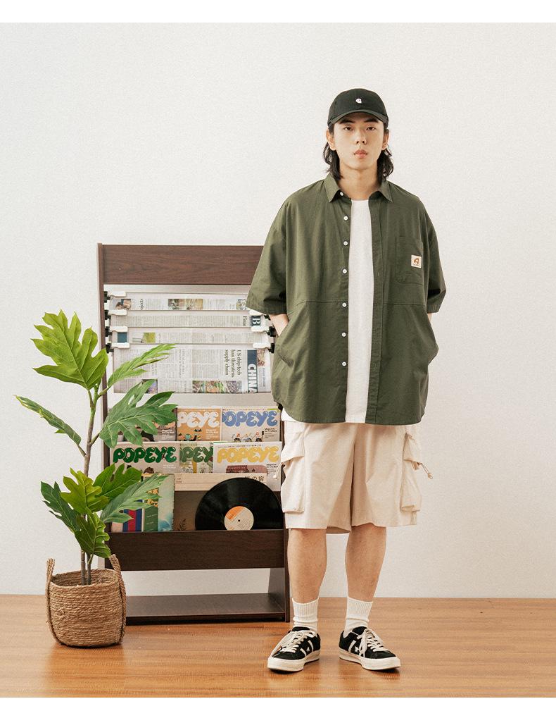 Hanlu Heren Japans Stijl Patchwork Kortmouw Werkkleding Shirt met Dubbele Zijzakken