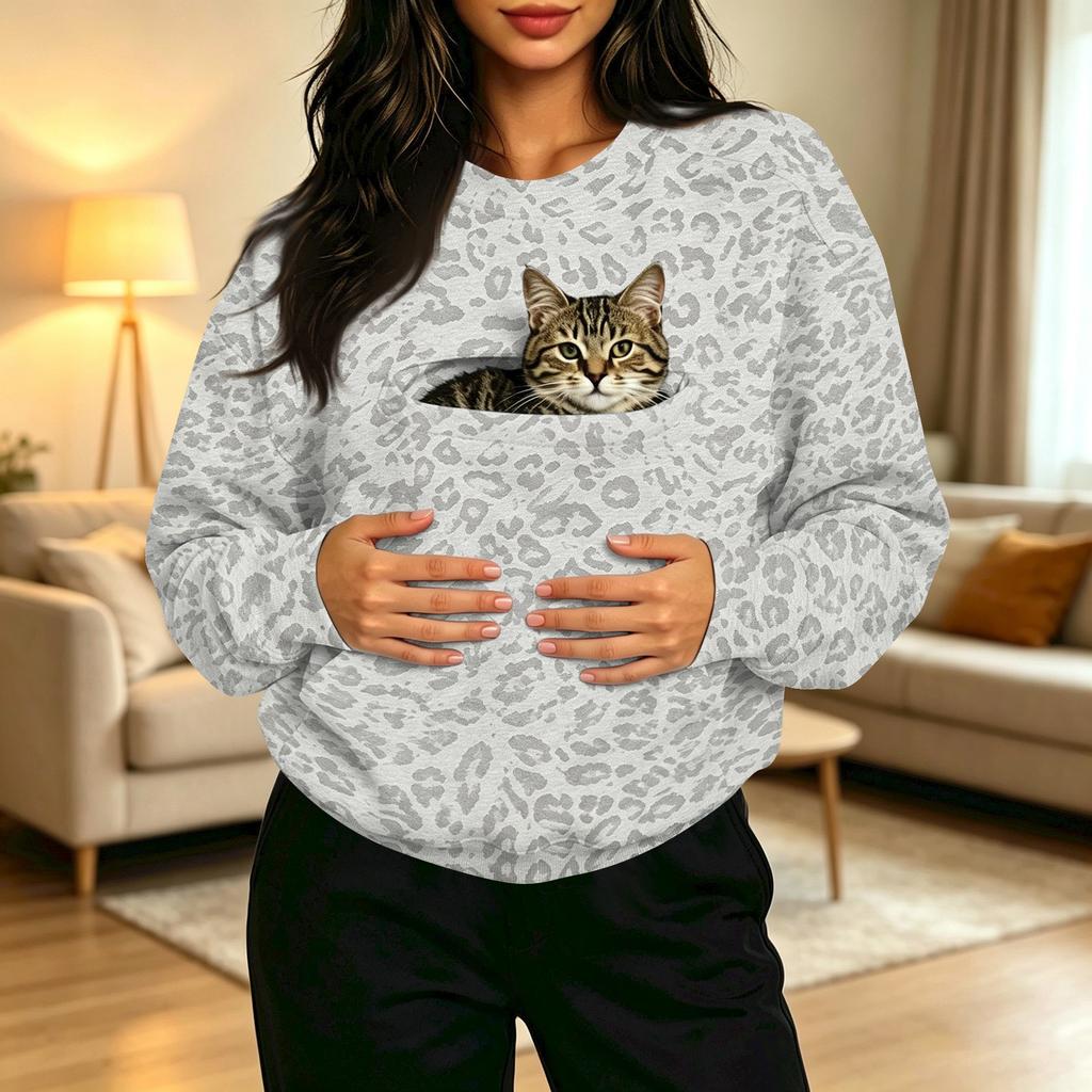 Damen Casual Pullover mit Rundhalsausschnitt, Langarm, Leopardenmuster, mit Brusttasche für Haustiere