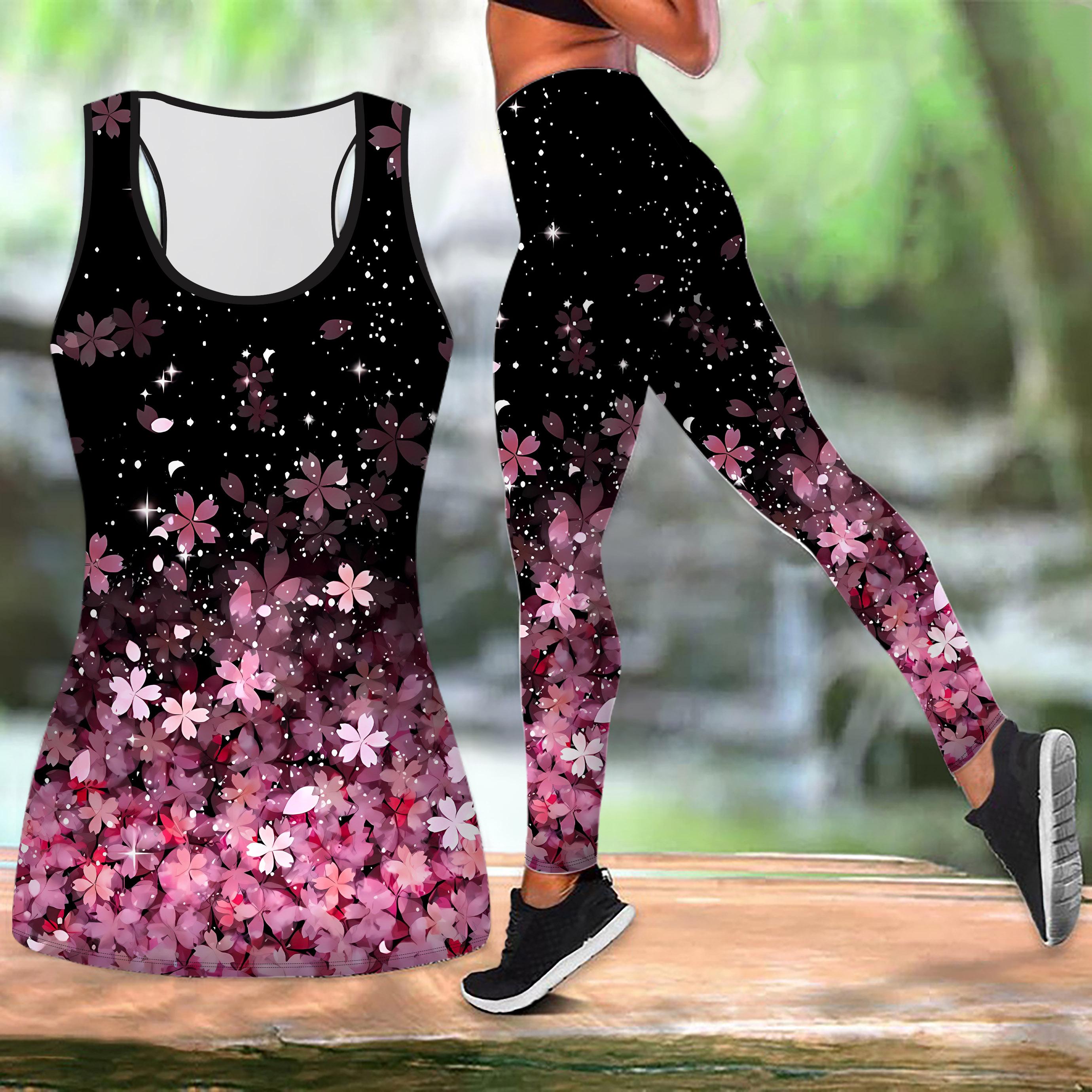 

Одяг для йоги з принтом квітучої вишні для жінок Модні легінси для тренувань Фітнес Спорт Повсякденний набір для йоги Спортивний костюм 4XL червоний