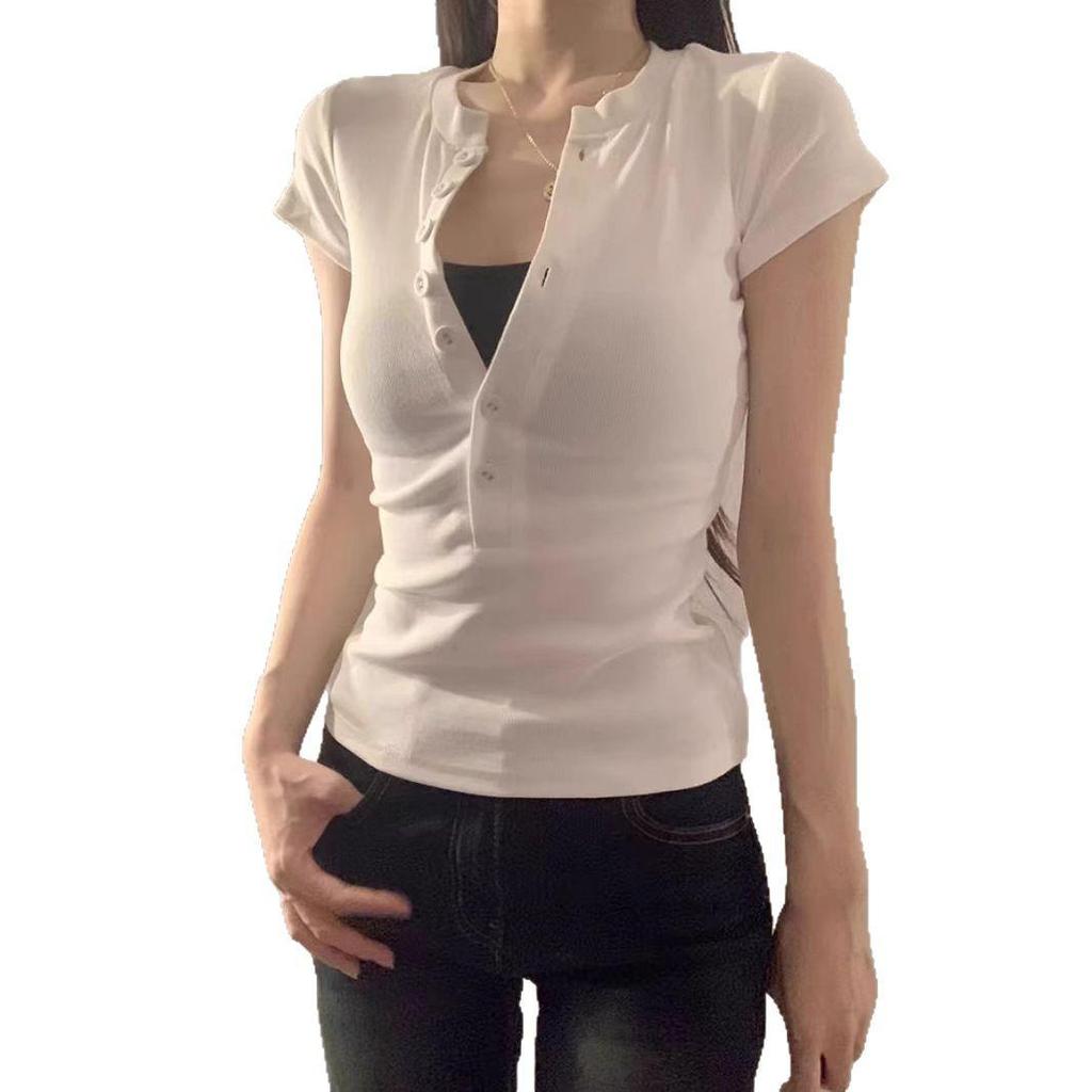 Women's Summer Shoulder Design Slim Fit Round Neck Short-Sleeved T-Shirt