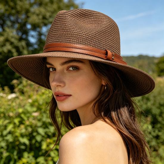 Women Jazz Hat Wide Brim Faux Leather Belt Decor Beach Straw Hat Adjustable Size UV Protection Foldable Summer Hat