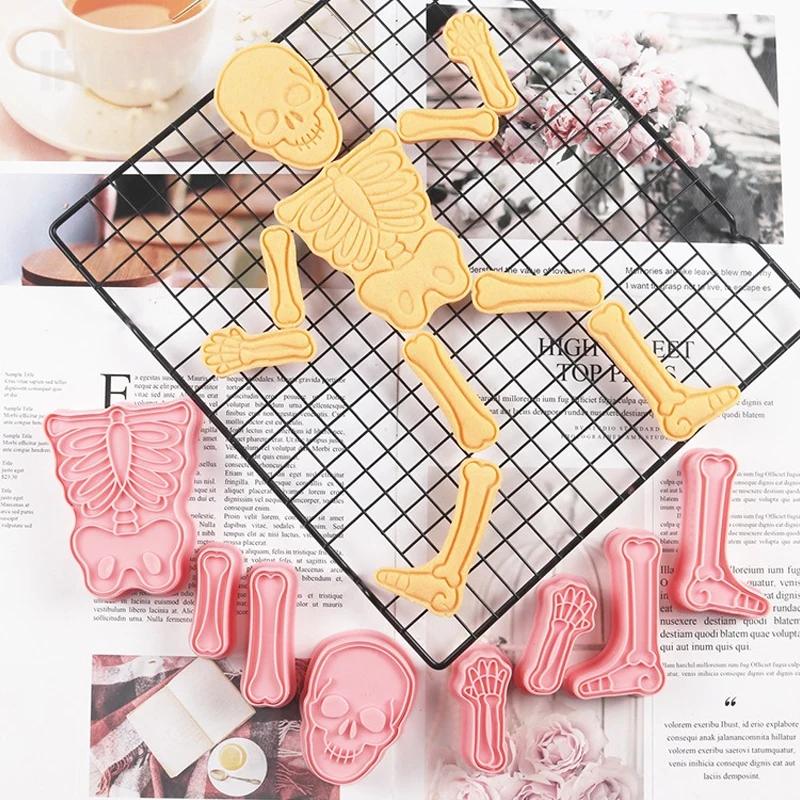8Pcs Halloween Human Skeleton Biscuit Mold Cake Baking Flip Sugar Home 3D Cookie Party Decor Seal Compression Molding Plastic