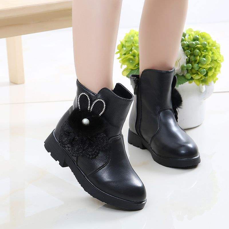 Mädchenschuhe Stiefel Kinder Kurzstiefel Herbst und Winter 2025 neue Baumwollstiefel Prinzessin zwei Baumwollschuhe Samt warm Spitze Kaninchen