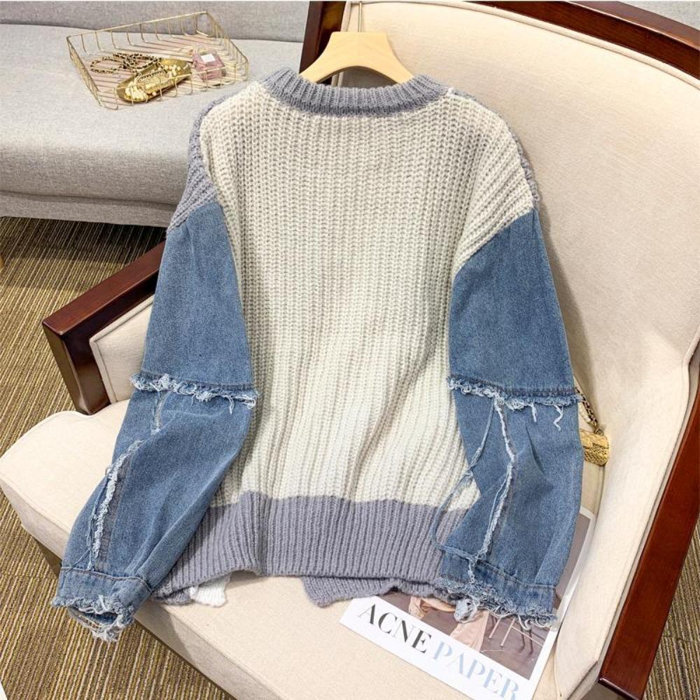 2024 Winter T-Shirt Übergröße Damen Pullover Denim O-Ausschnitt Patchwork Pullover Strick Basic Blau Mode Lockerer Pullover