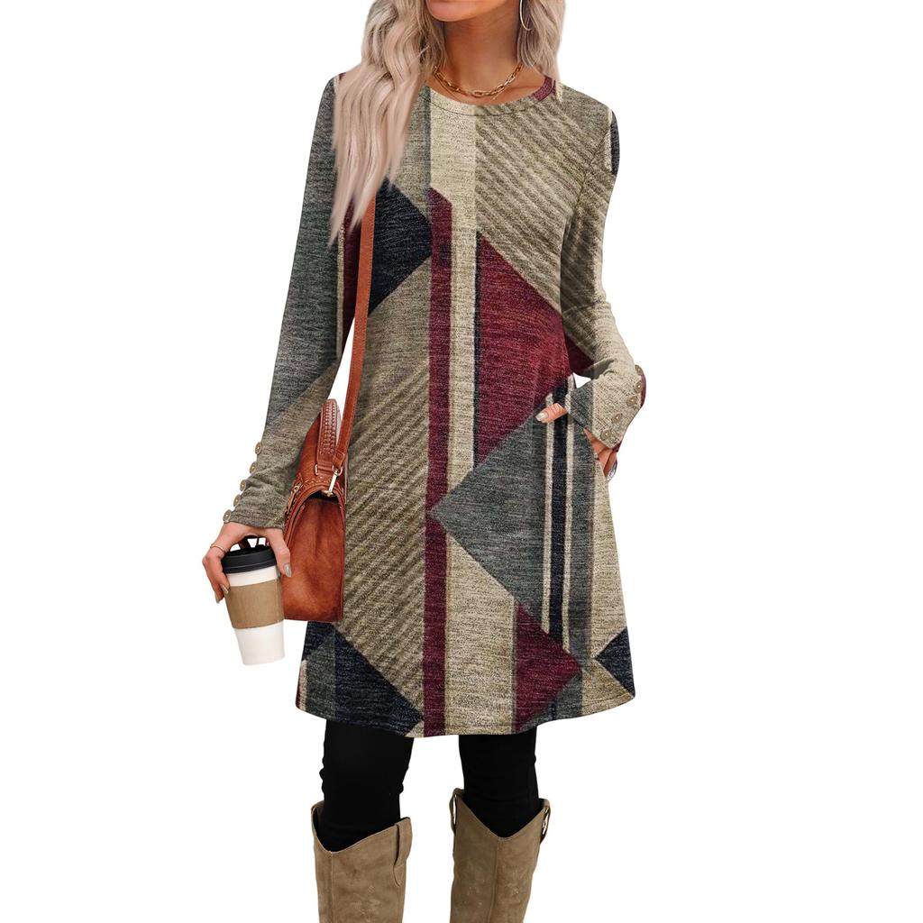 Damenmode Freizeitkleid mit Taschen, dekorativen Knöpfen, Rundhalsausschnitt und langen Ärmeln