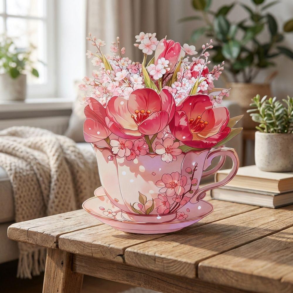 Papierblumen Teetasse Grußkarte Überraschungsgeschenke 3D Pop-Up Blumenstraußkarte Muttertag