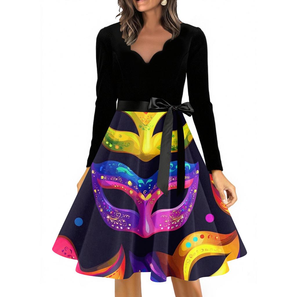 Dámské ležérní módní šaty s výstřihem do V, dlouhým rukávem, s potiskem, vintage, dlouhé