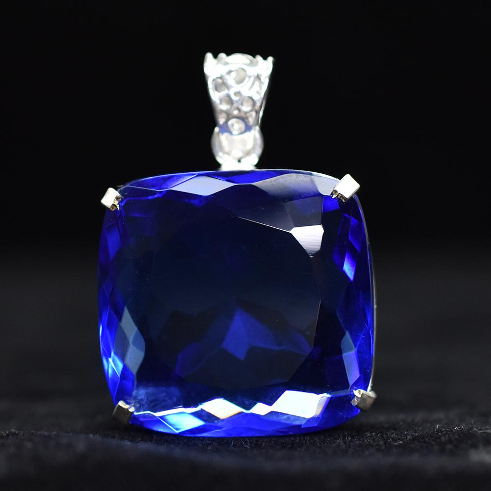 CERTIFIED Blue Tanzanite Square Cushion 91 Ct Lab Created Pendant Gems Free Gift ,MY.PD-90-NS