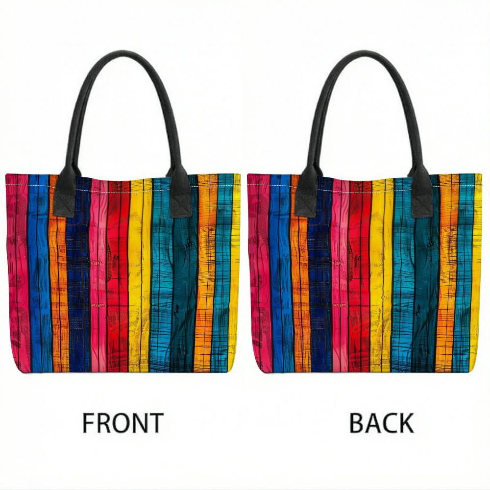 Colorful Striped Canvas Tote Bag Casual Large Capacity Shoulder Handbag for Daily Use