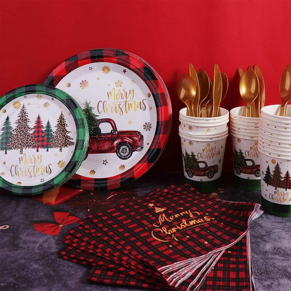 Plaid Print Party Dinnerware Set Car Pattern Disposable Paper Tableware  Navidad