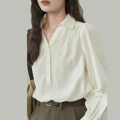 Einfarbige Bluse Damen Frühling und Sommer Lässiges Blusendesign Lockerer Pullover V-Ausschnitt Langarm-Oberteil