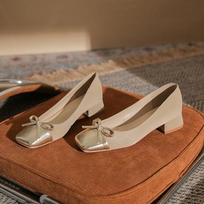 33503 Thick Heel Square Head Bow Splicing Niche Temperament Women's Autumn Simple High Heels Medium Heel Shoes