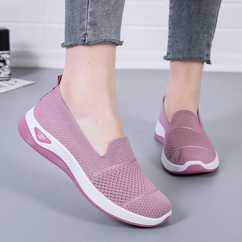 2025 Breathable Wedge Heel Loafers Women Spring Summer Slip On Knitted Sports Shoes Woman Anti Slip Soft Sole Walking Shoes Lady