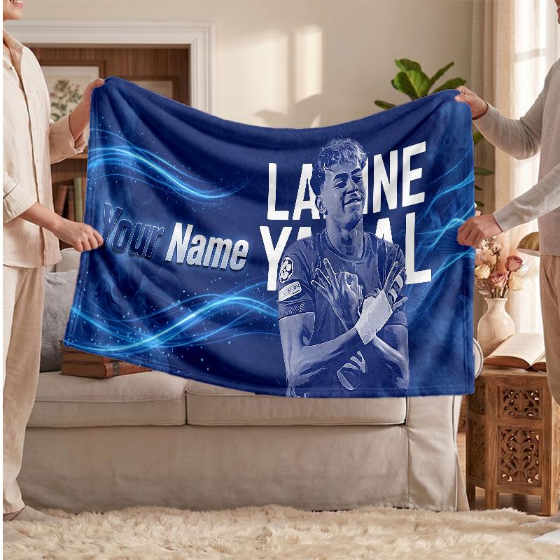 Coperta in pile personalizzata Lamine Yamal con logo del calcio, testo con nome personalizzato, morbida, calda, coperta da divano per la casa