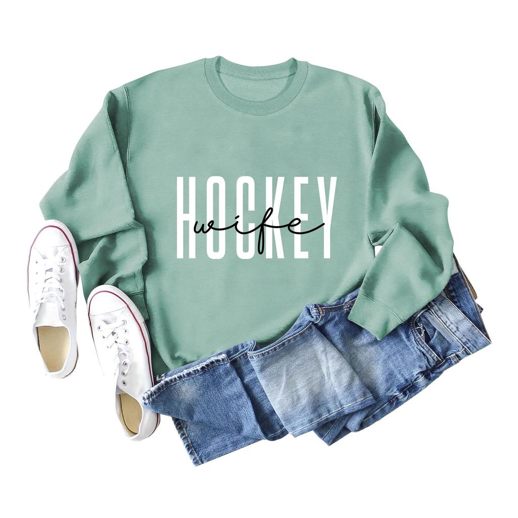European & American Fashion Long Sleeve Loose Hoodie with 'Hockey Wife' Print for Women