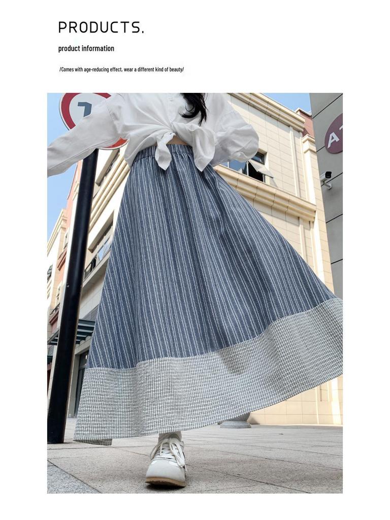 Damen Hohe Taille Japanischer Retro Streifen A-Linien Schirmrock – Schlankmachend und Elegant für Frühling/Sommer