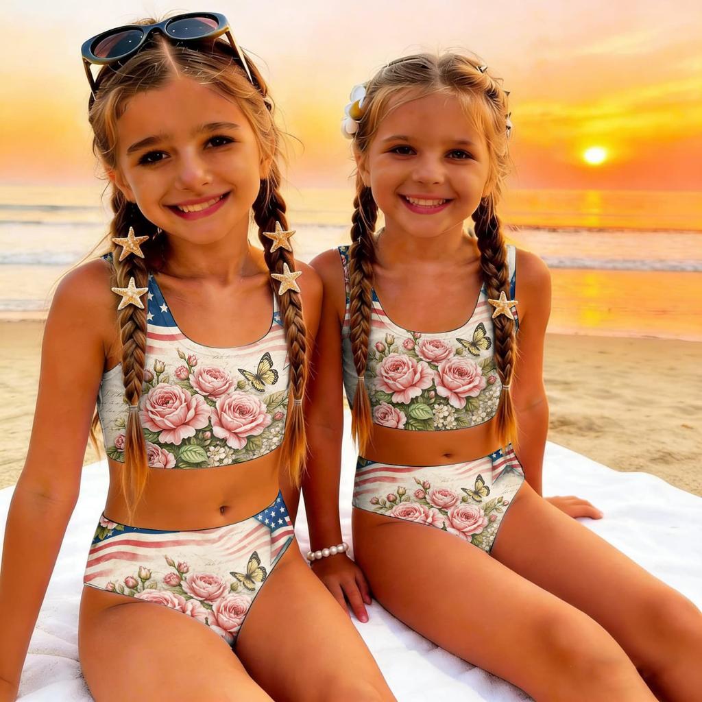 Girls Two Piece Swimsuit Set Summer Tankini Top and High Waist Bottoms Floral Print Lightweight Swimwear for Kids Beach Pool