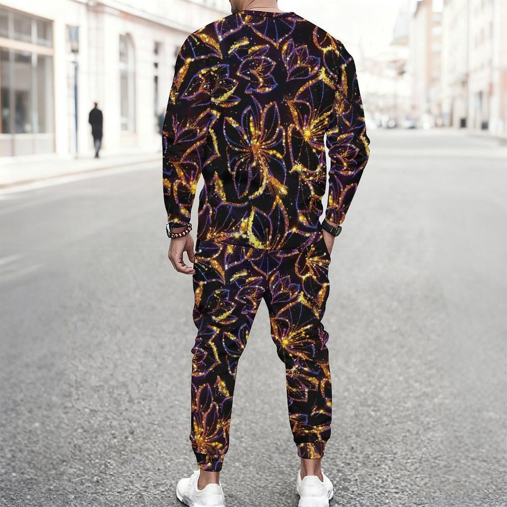 Men Navy Blue White Water Drop Floral Decor Print Long Sleeve Sweatshirt Jogger Pants Two Piece Suit