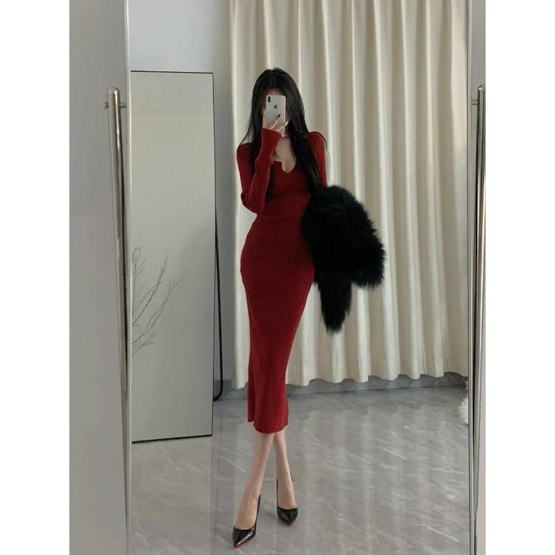 

Celebrity Sexy Spice Girl Temperament Clavicle Long Sleeve Knitted Dress Women s Autumn Waist Skinny Hip Wrap Long Skirt XL красный