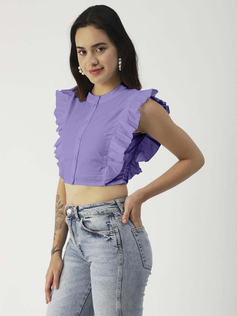 Moomaya Crop top din bumbac solid cu nasturi, topuri cu mâneci cu voloane de vară