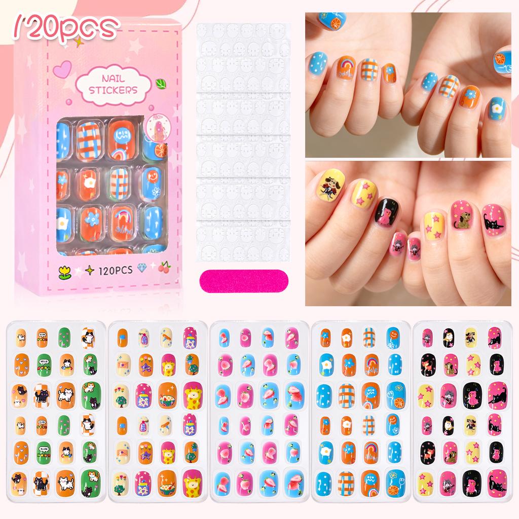 120Pcs Children's Press on Nails Kids Cartoon Acrylic Fake Nails Tips Kawaii Girl Full Cover Short False Nails With Jelly Glue#@
