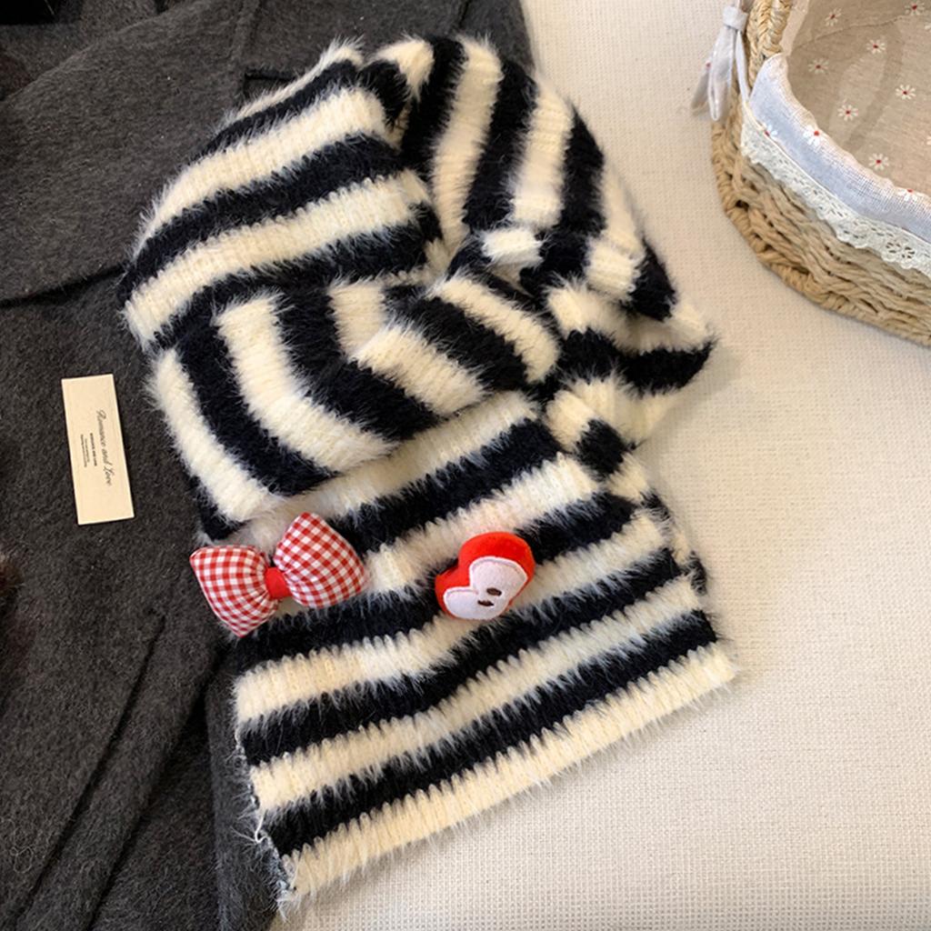 Imitation mink bow, apple striped plush knitted scarf, female Christmas atmosphere, thickened, cold-proof and warm female